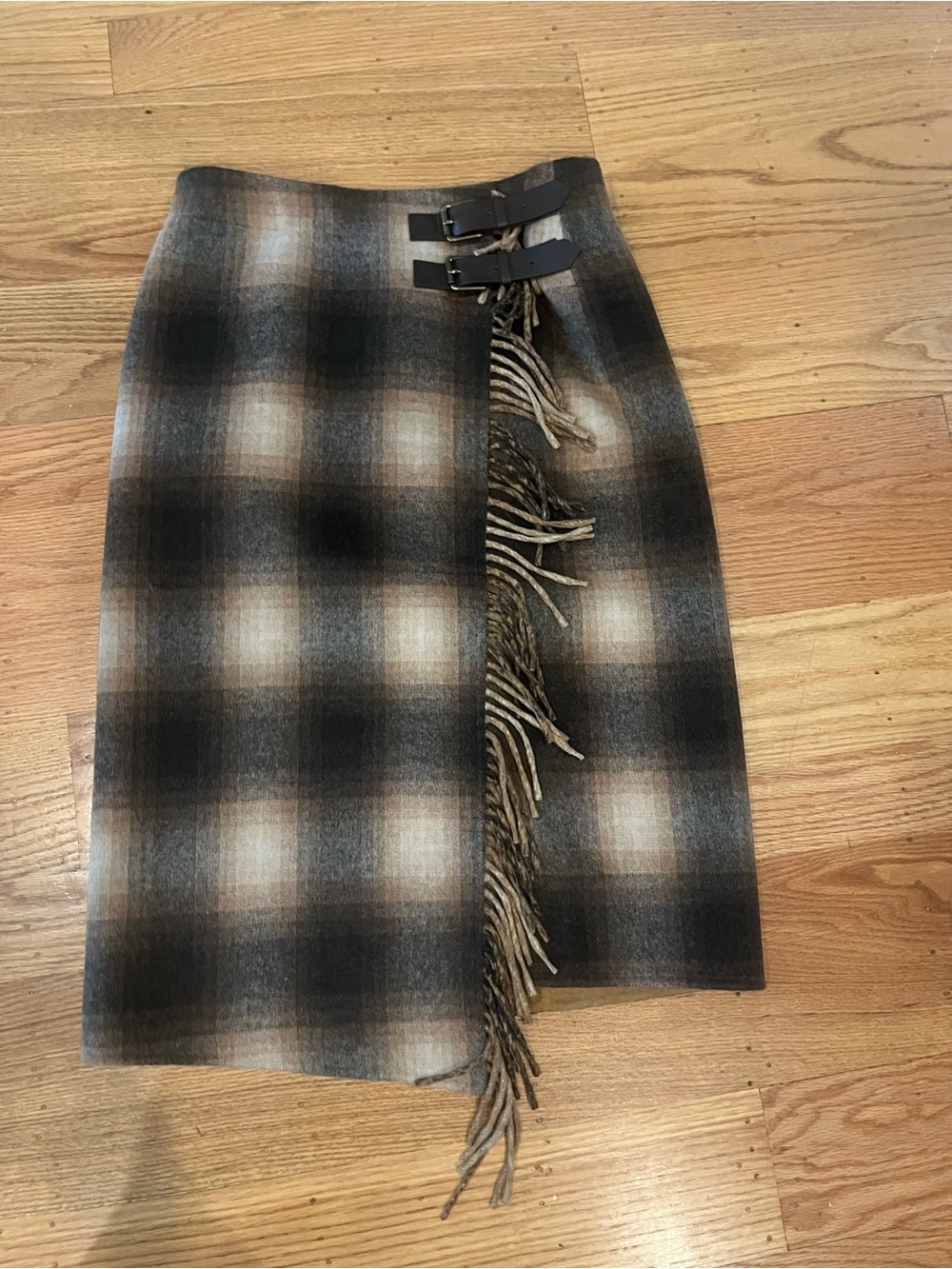 Banana Republic Plaid Wool Blend Wrap Skirt Fringe Buckles Size Large